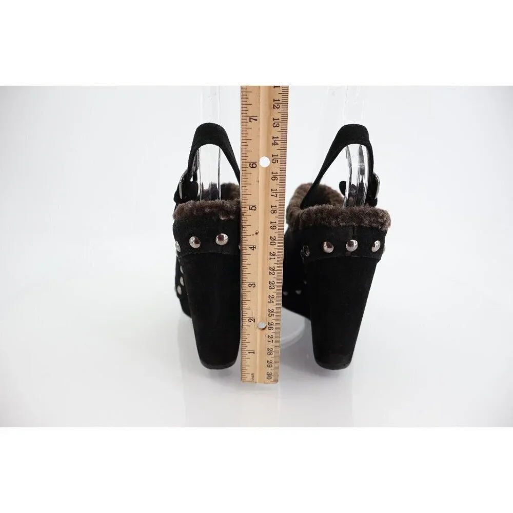 Stuart Weitzman Clogger Mules Women's Size 5.5 Black Wedge Platform Suede Fur